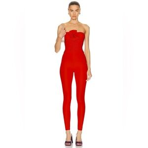 MAYGEL CORONEL Matuna Rosette Ruched Strapless Jumpsuit in Red